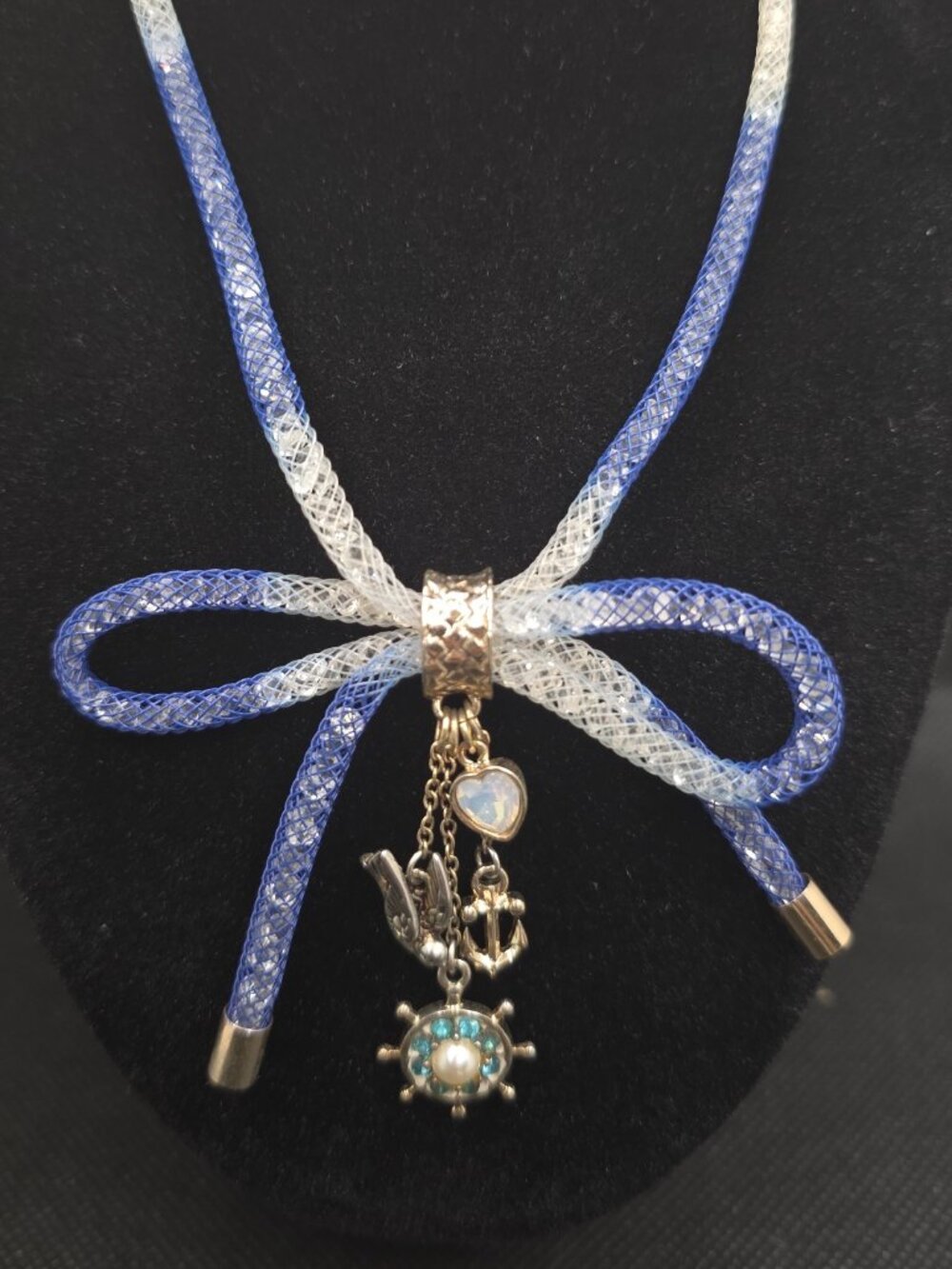 Betsey Johnson Nautical Mesh Bow Necklace Blue White Anchor Ship Wheel Bird 17"